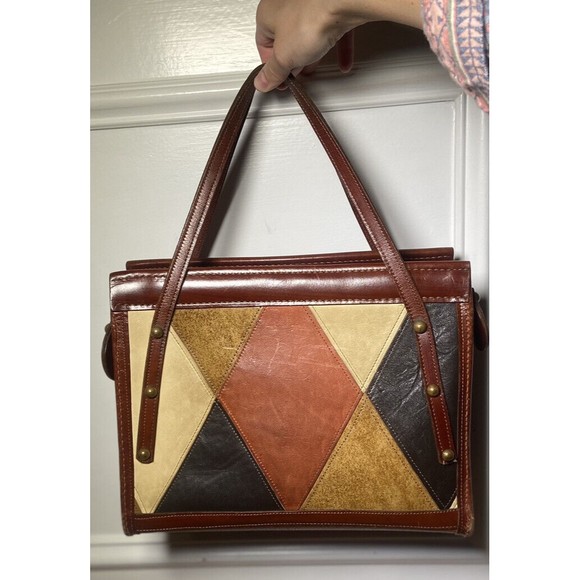 70s Vintage Satchel Unbranded Retro Diamond Pieced Leather Top Handle Handbag - Picture 1 of 16